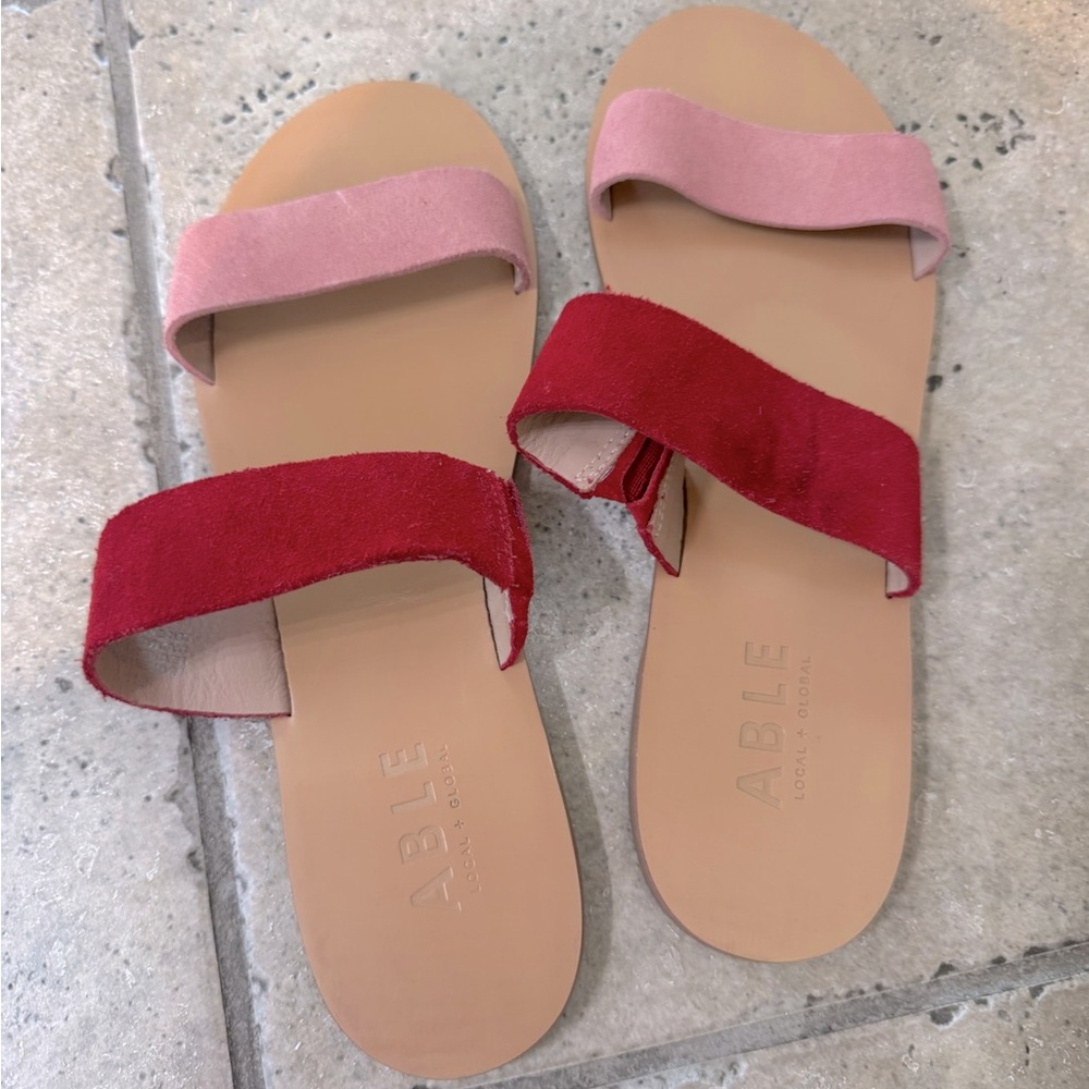 ABLE | Pink & Red Suede Strappy Sandals | Size 10